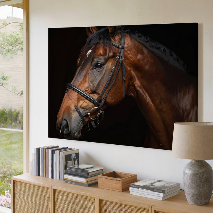 Elegant Brown Horse Portrait Canvas – Detailed Equestrian Bridle Art - Gifitto