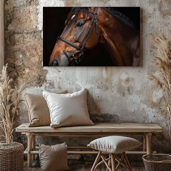 Elegant Brown Horse Portrait Canvas – Detailed Equestrian Bridle Art - Gifitto