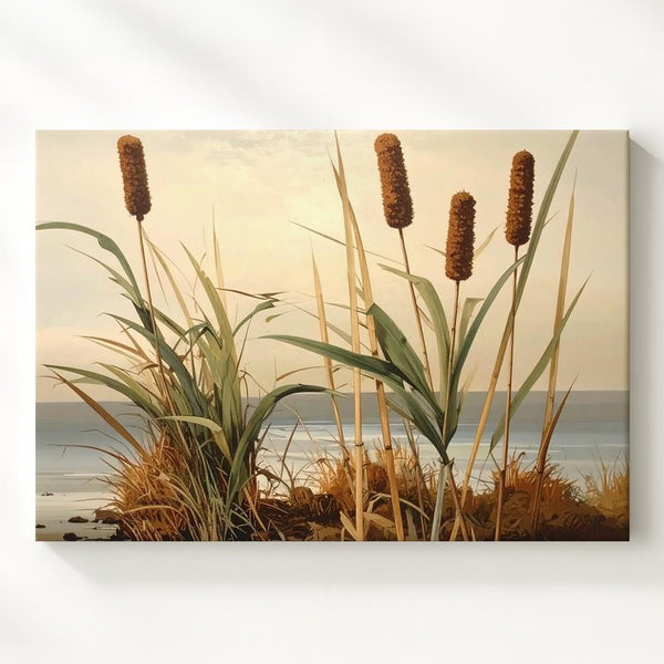 Minimalist Cattail Canvas – Elegant Botanical Illustration on Cream - Gifitto