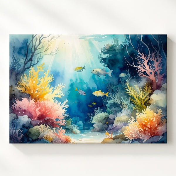 Vibrant Coral Reef Watercolor Canvas – Lively Tropical Marine Art
