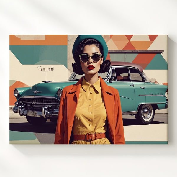Retro Fashion & Classic Cars Canvas – Mid-Century Vintage Illustration Art - Gifitto