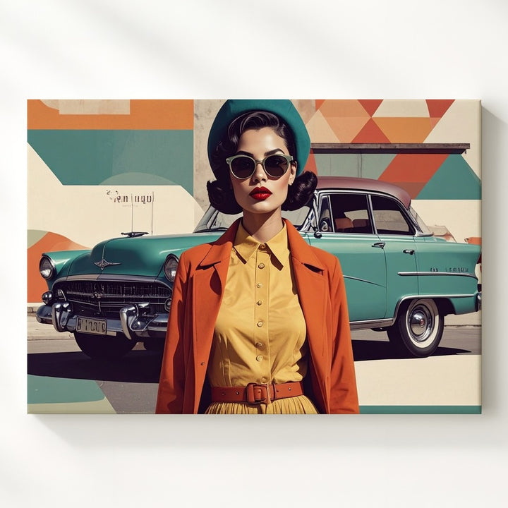 Retro Fashion & Classic Cars Canvas – Mid-Century Vintage Illustration Art - Gifitto