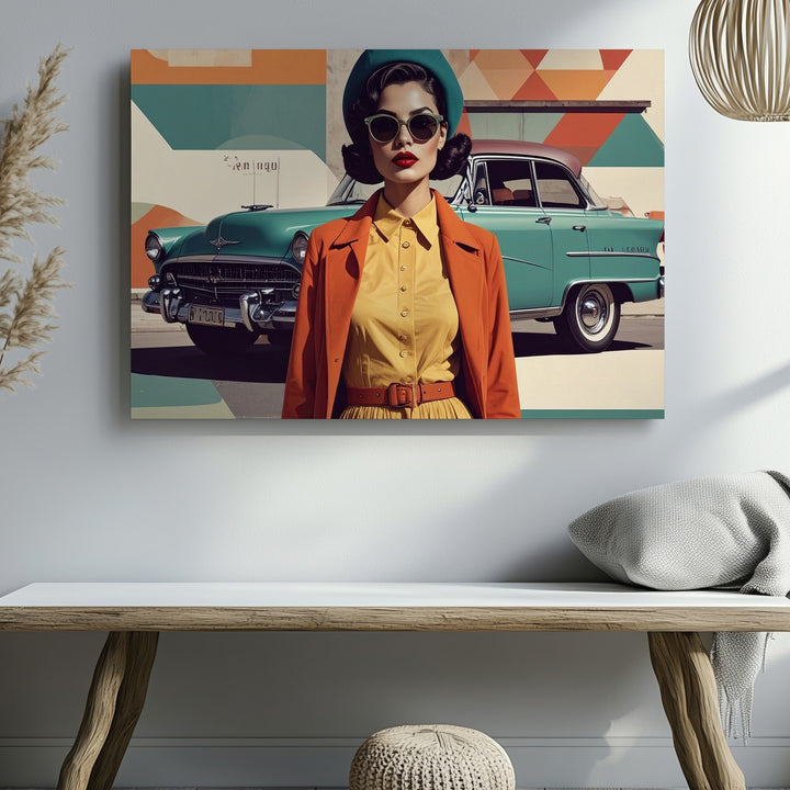 Retro Fashion & Classic Cars Canvas – Mid-Century Vintage Illustration Art - Gifitto