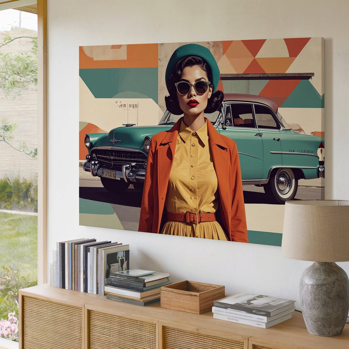 Retro Fashion & Classic Cars Canvas – Mid-Century Vintage Illustration Art - Gifitto