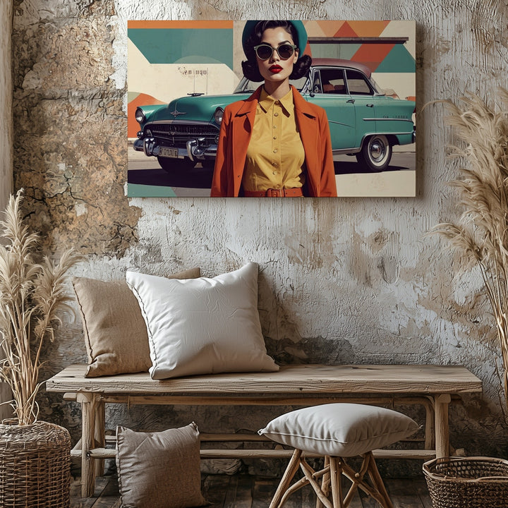 Retro Fashion & Classic Cars Canvas – Mid-Century Vintage Illustration Art - Gifitto