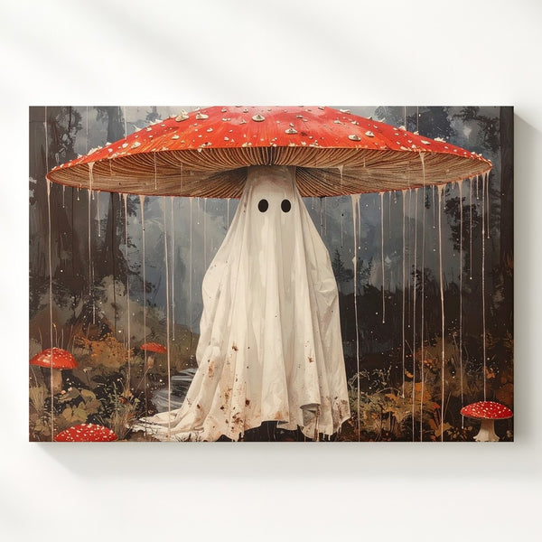 Whimsical Ghost with Mushroom Umbrella Canvas – Charming Fantasy Forest Art - Gifitto