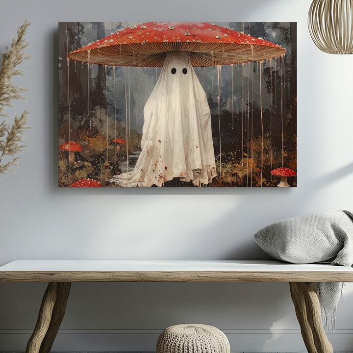 Whimsical Ghost with Mushroom Umbrella Canvas – Charming Fantasy Forest Art - Gifitto