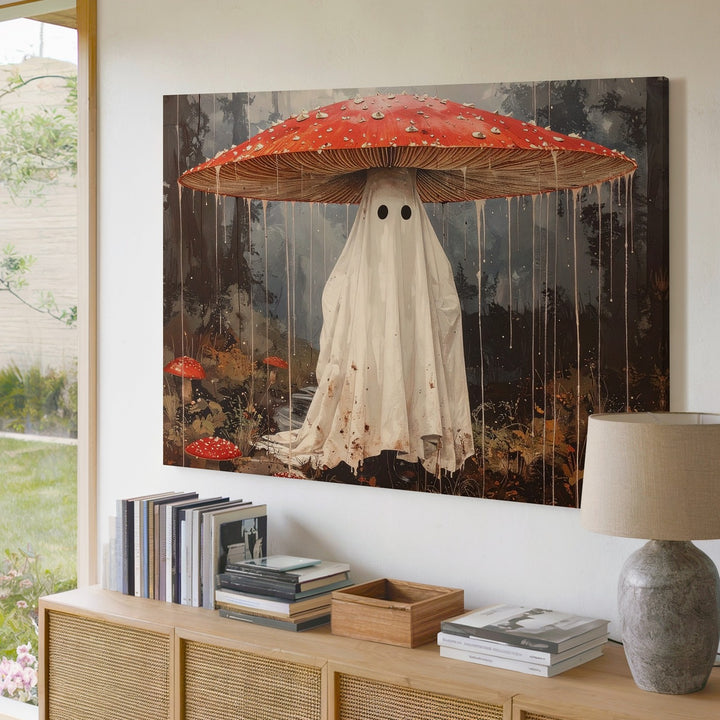 Whimsical Ghost with Mushroom Umbrella Canvas – Charming Fantasy Forest Art - Gifitto