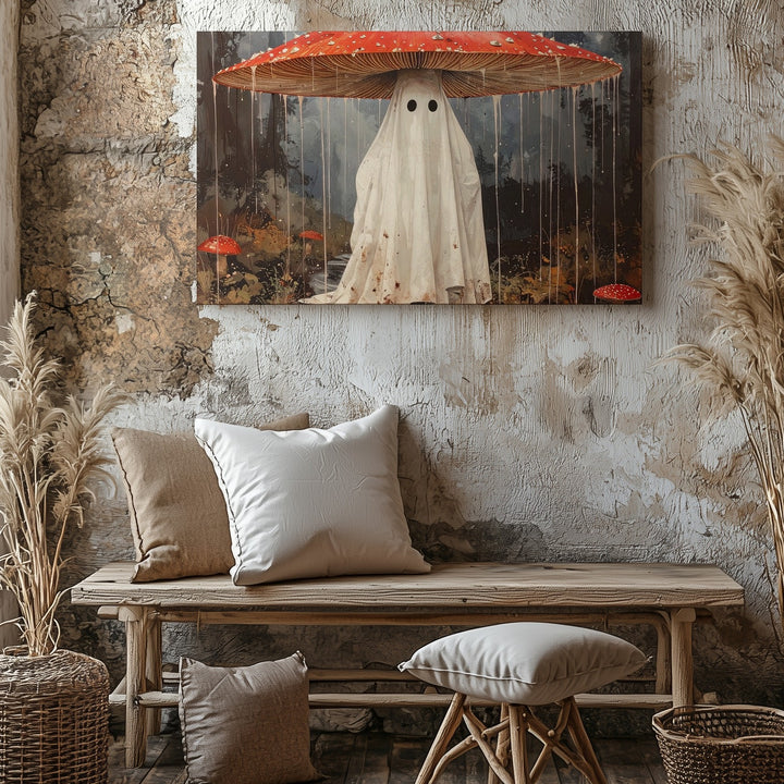 Whimsical Ghost with Mushroom Umbrella Canvas – Charming Fantasy Forest Art - Gifitto