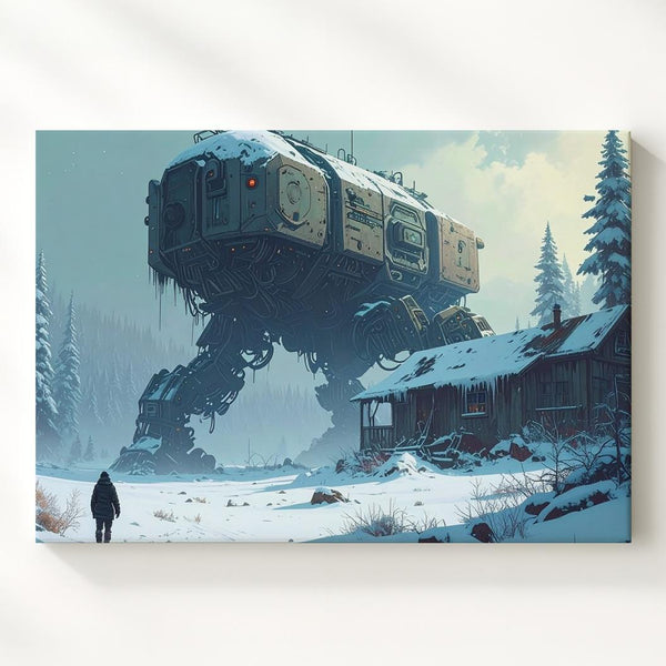 Futuristic Mechanical Spider Canvas – Robotic Machine in Snowy Landscape - Gifitto