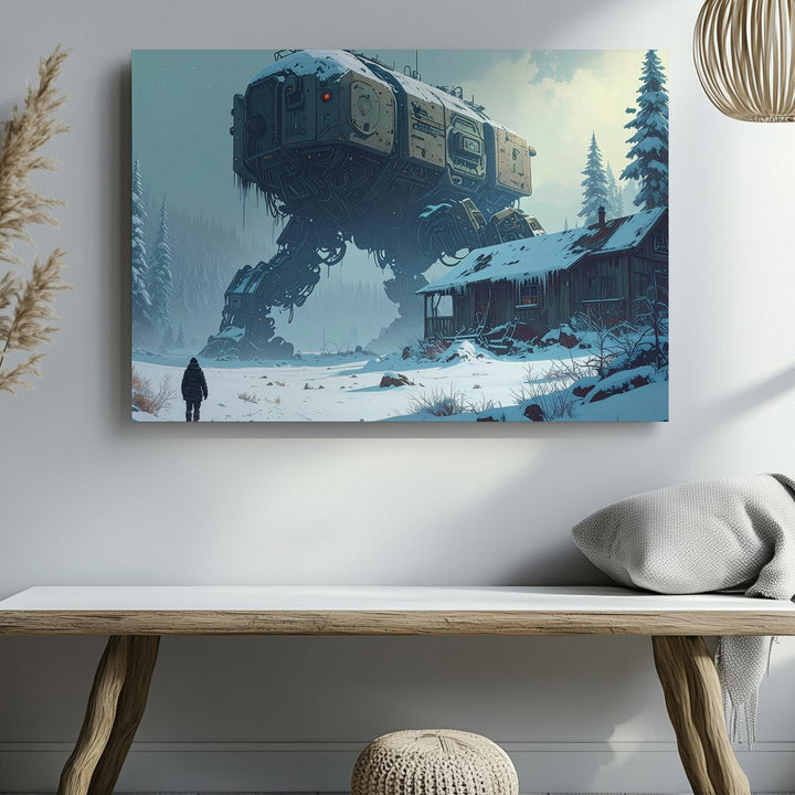 Futuristic Mechanical Spider Canvas – Robotic Machine in Snowy Landscape - Gifitto