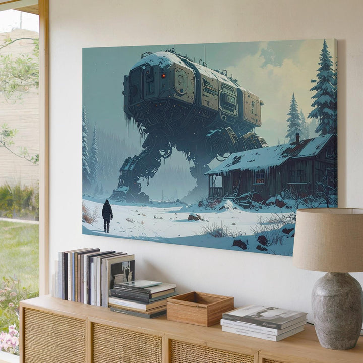 Futuristic Mechanical Spider Canvas – Robotic Machine in Snowy Landscape - Gifitto