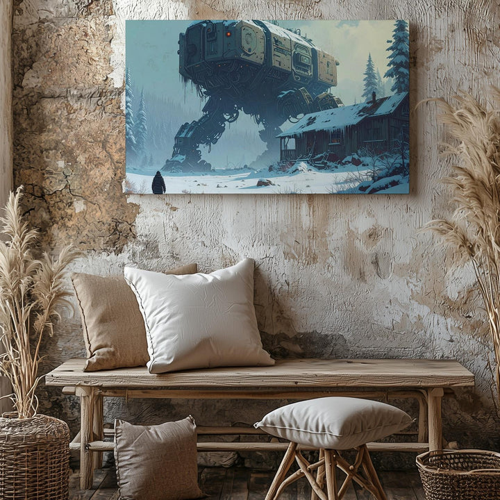 Futuristic Mechanical Spider Canvas – Robotic Machine in Snowy Landscape - Gifitto