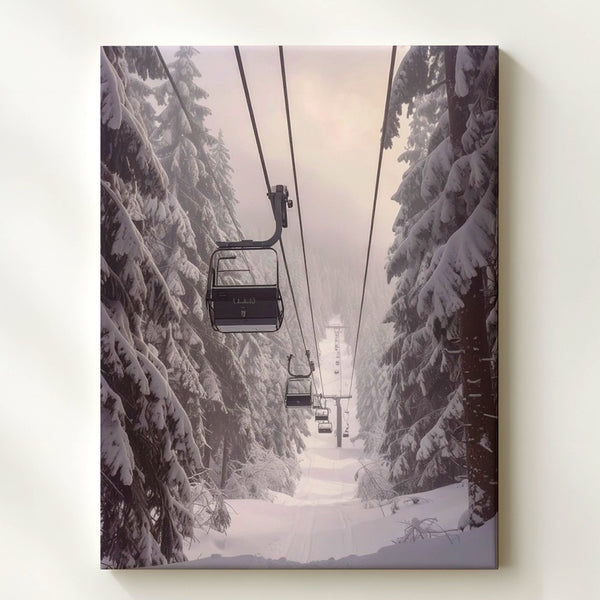 Ski Lift in Winter Forest Canvas – Journey Through Snow-Covered Pines