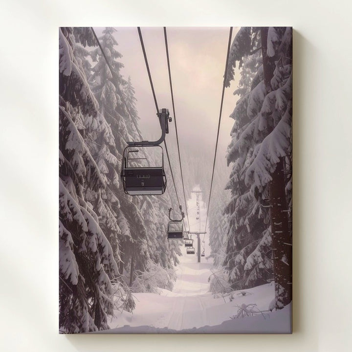 Ski Lift in Winter Forest Canvas – Journey Through Snow-Covered Pines - Gifitto