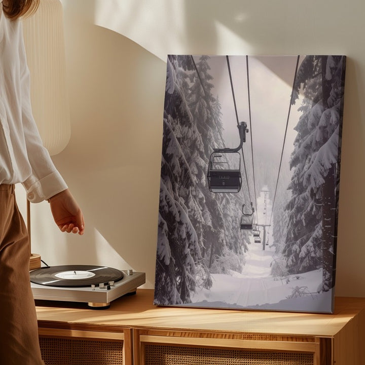 Ski Lift in Winter Forest Canvas – Journey Through Snow-Covered Pines - Gifitto
