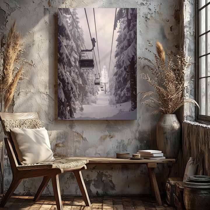 Ski Lift in Winter Forest Canvas – Journey Through Snow-Covered Pines - Gifitto