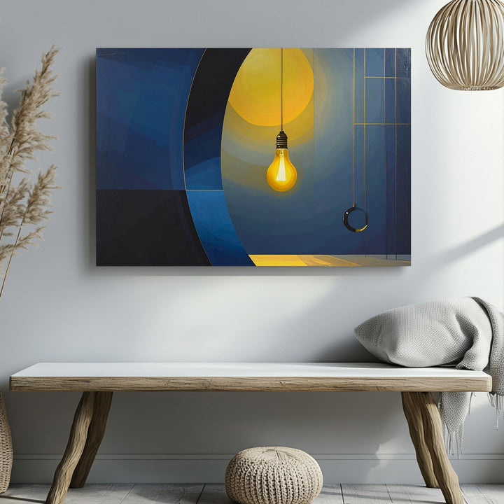 Illuminated Thought Canvas – Abstract Geometric Art with Light Bulb Focal Point - Gifitto