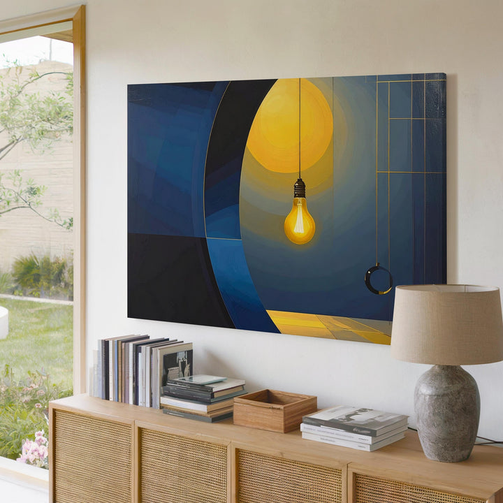 Illuminated Thought Canvas – Abstract Geometric Art with Light Bulb Focal Point - Gifitto