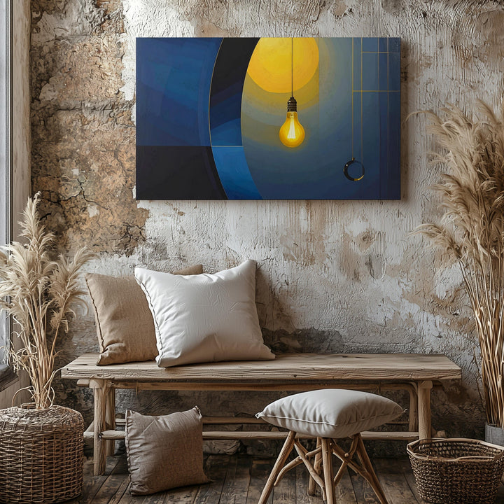 Illuminated Thought Canvas – Abstract Geometric Art with Light Bulb Focal Point - Gifitto