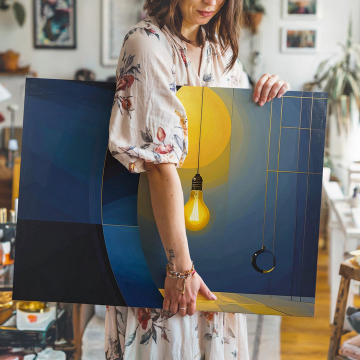 Illuminated Thought Canvas – Abstract Geometric Art with Light Bulb Focal Point - Gifitto