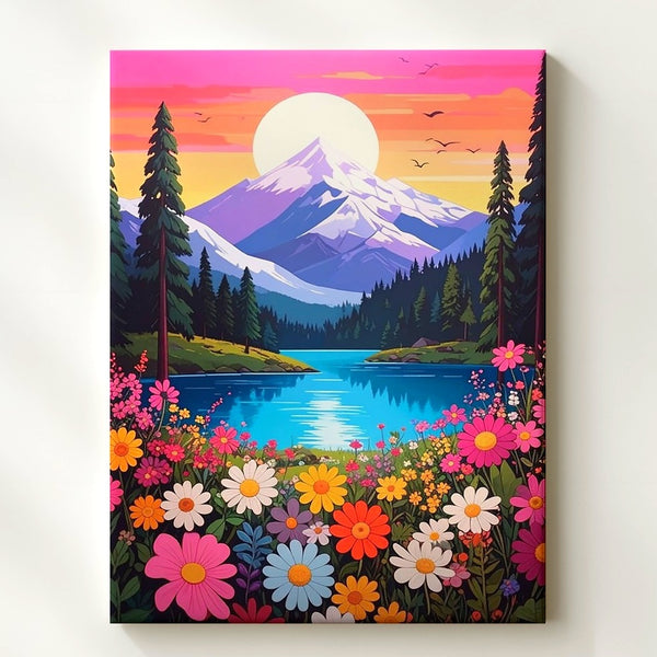 Whimsical Wildflower Landscape Canvas – Dreamy Mountain & Lake Art - Gifitto
