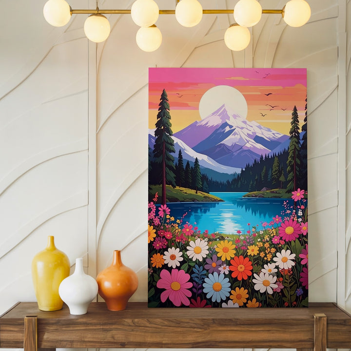 Whimsical Wildflower Landscape Canvas – Dreamy Mountain & Lake Art - Gifitto
