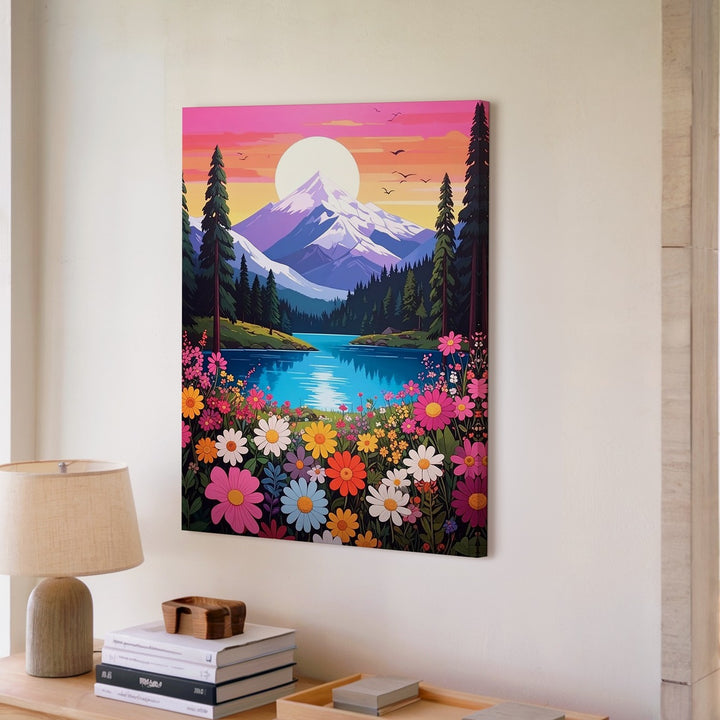 Whimsical Wildflower Landscape Canvas – Dreamy Mountain & Lake Art - Gifitto