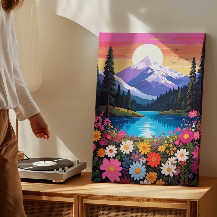 Whimsical Wildflower Landscape Canvas – Dreamy Mountain & Lake Art - Gifitto