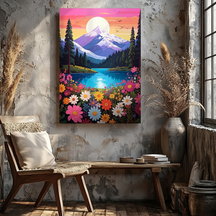 Whimsical Wildflower Landscape Canvas – Dreamy Mountain & Lake Art - Gifitto