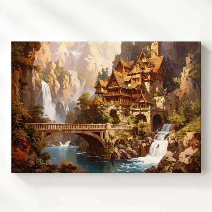 Fantasy Village in Mountain Landscape Canvas – Cascading Waterfalls and Idyllic Architecture - Gifitto