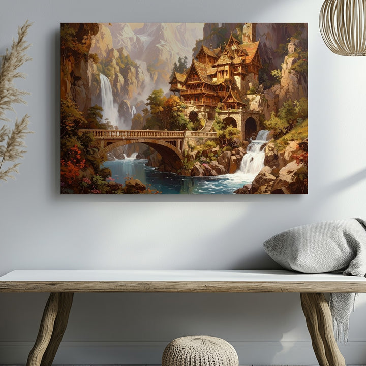 Fantasy Village in Mountain Landscape Canvas – Cascading Waterfalls and Idyllic Architecture - Gifitto