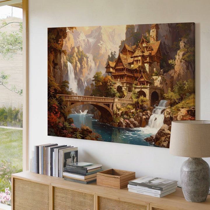 Fantasy Village in Mountain Landscape Canvas – Cascading Waterfalls and Idyllic Architecture - Gifitto