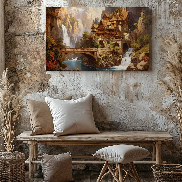 Fantasy Village in Mountain Landscape Canvas – Cascading Waterfalls and Idyllic Architecture - Gifitto