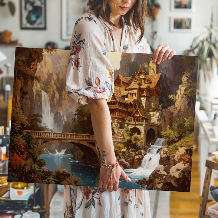 Fantasy Village in Mountain Landscape Canvas – Cascading Waterfalls and Idyllic Architecture - Gifitto