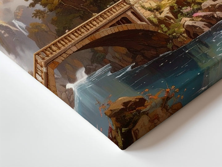 Fantasy Village in Mountain Landscape Canvas – Cascading Waterfalls and Idyllic Architecture - Gifitto