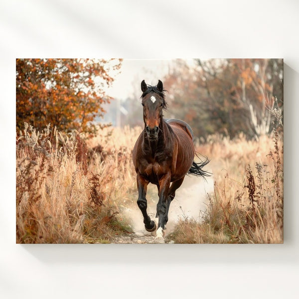 Galloping Horse Through Autumn Canvas – Dynamic Equestrian Art - Gifitto