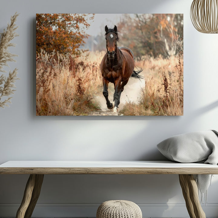 Galloping Horse Through Autumn Canvas – Dynamic Equestrian Art - Gifitto