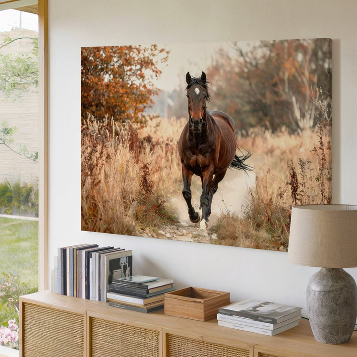 Galloping Horse Through Autumn Canvas – Dynamic Equestrian Art - Gifitto