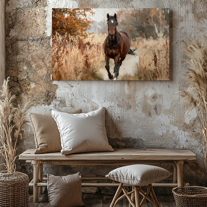 Galloping Horse Through Autumn Canvas – Dynamic Equestrian Art - Gifitto