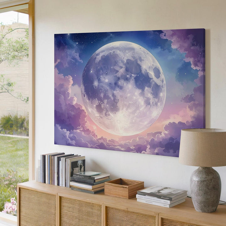 Mystical Full Moon Canvas – Blush Pink and Violet Twilight Sky - Gifitto
