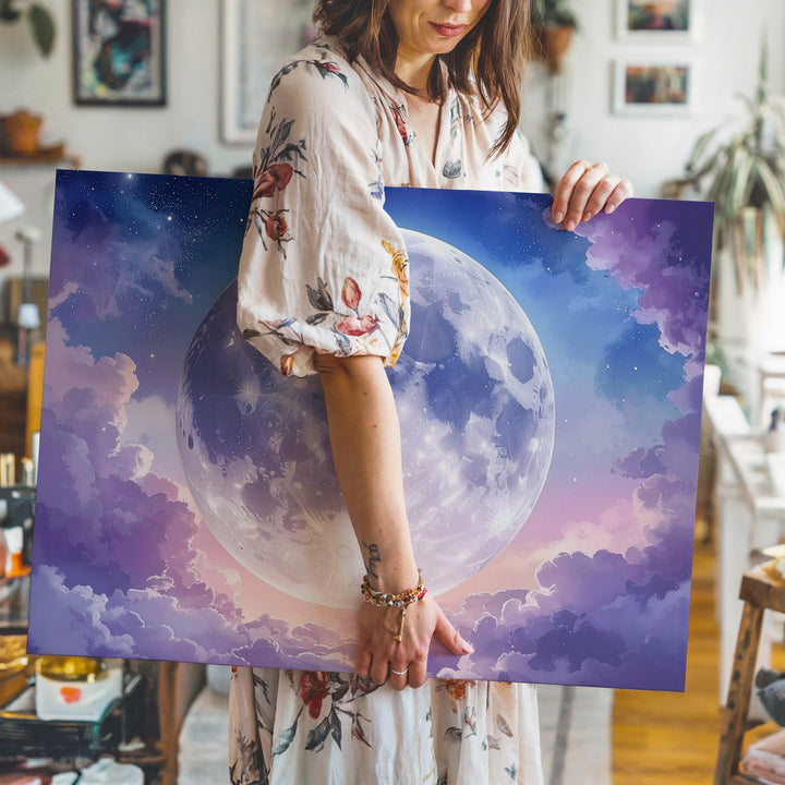 Mystical Full Moon Canvas – Blush Pink and Violet Twilight Sky - Gifitto
