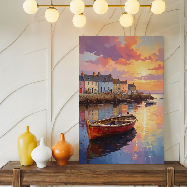 Fishing Village Sunset Canvas – Painted Harbor Scene with Pastel Houses