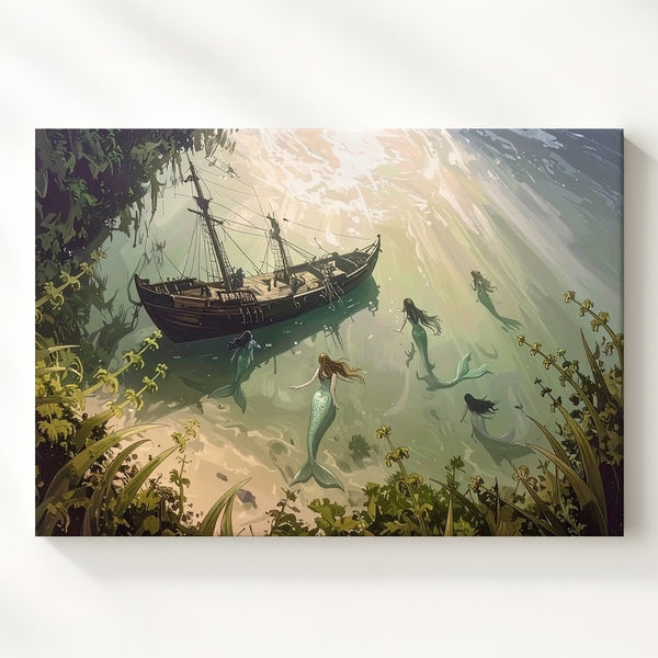 Mystical Mermaid Shipwreck Canvas – Surreal Underwater Fantasy Art
