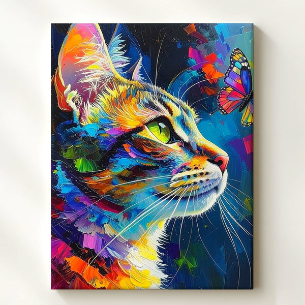 Rainbow Expression Cat Canvas – Vibrant Colorful Feline with Butterfly - Gifitto