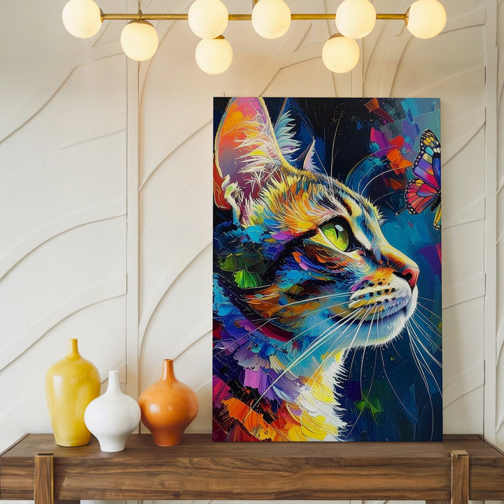 Rainbow Expression Cat Canvas – Vibrant Colorful Feline with Butterfly - Gifitto
