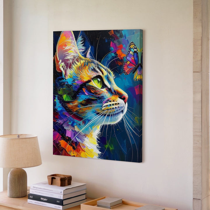 Rainbow Expression Cat Canvas – Vibrant Colorful Feline with Butterfly - Gifitto