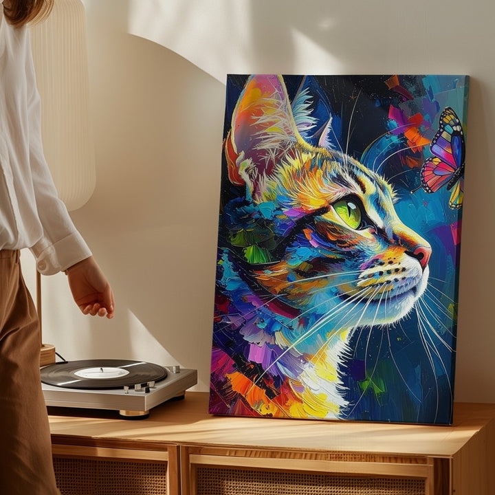Rainbow Expression Cat Canvas – Vibrant Colorful Feline with Butterfly - Gifitto