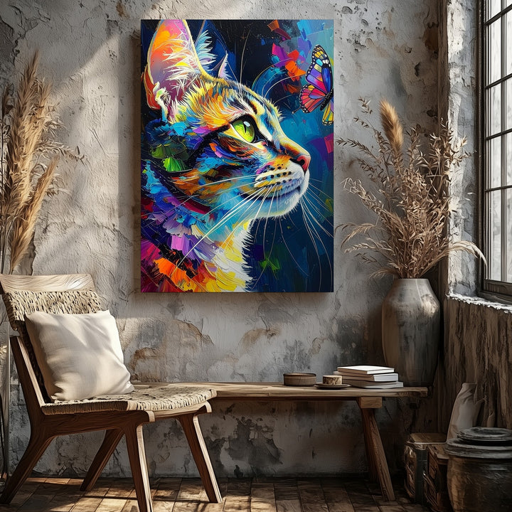 Rainbow Expression Cat Canvas – Vibrant Colorful Feline with Butterfly - Gifitto