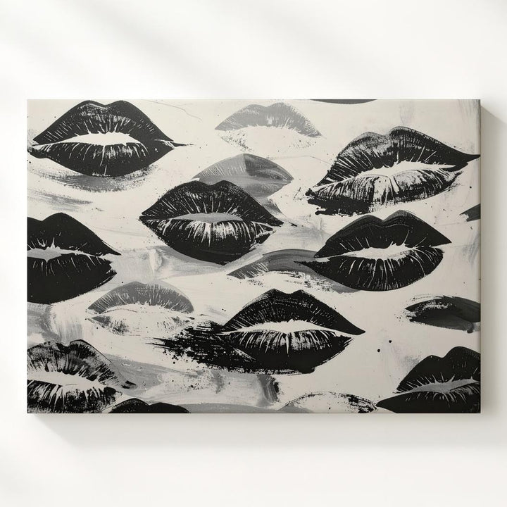Black & White Kiss Prints Canvas – Bold Monochrome Lip Pattern Art - Gifitto